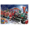 Diamond painting featuring a festive Christmas train carrying Santa Claus and a lot of presents.