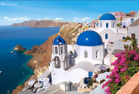 Image of Diamond Painting of Santorini, Greece with Blue-Domed Churches and Caldera View