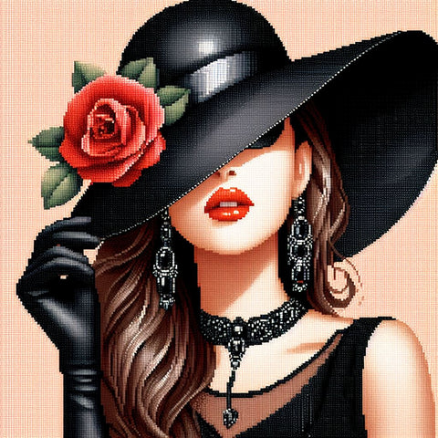 Image of Black dress sassy girl with red flower hat diamond painting