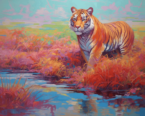 Image of Diamond painting of a powerful Bengal tiger with a snarl, showcasing its sharp claws and vibrant stripes.