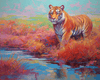 Diamond painting of a powerful Bengal tiger with a snarl, showcasing its sharp claws and vibrant stripes.