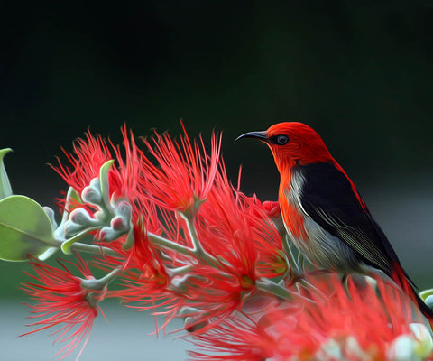 Image of Diamond Painting of a Scarlet Honeyeater on a Red Flower