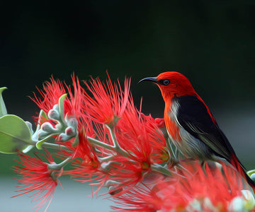 Diamond Painting of a Scarlet Honeyeater on a Red Flower