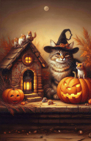 Image of Diamond painting artwork featuring a scary cat wearing a witch hat,  with a mouse sitting on a pumpkin.