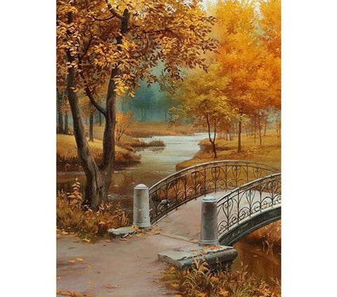 Image of Diamond painting of a scenic landscape with fall foliage.