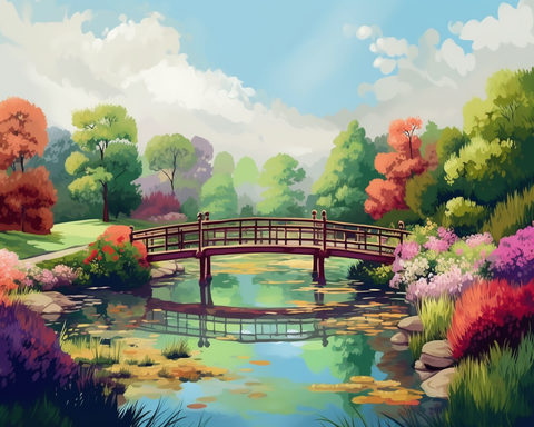 Image of Diamond painting of a tranquil park scene with a bridge over a still pond.