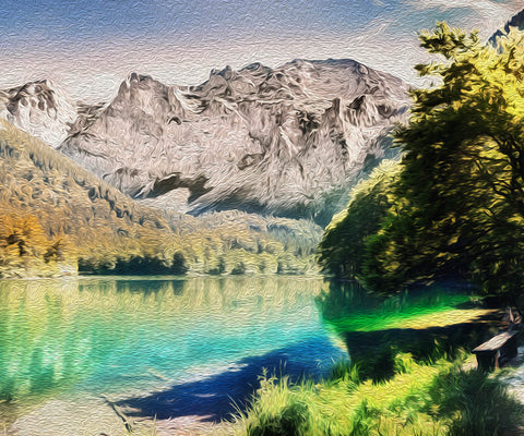 Image of Diamond painting of a peaceful mountain landscape with a clear lake.