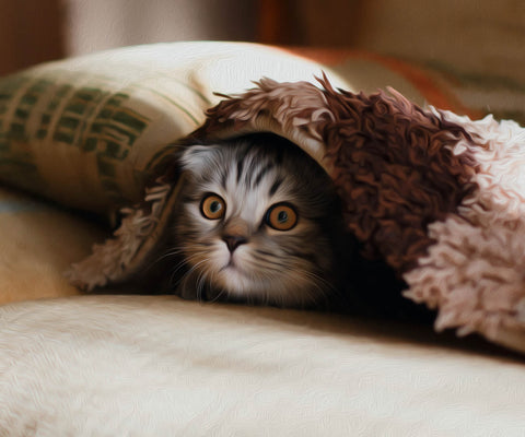 Image of Diamond painting of a Scottish Fold cat peeking out from under a colorful blanket.