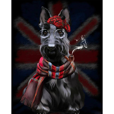 Image of Diamond Painting of a Scottish Terrier Wearing a Tartan Hat and Scarf, Smoking a Pipe