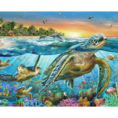 Image of Diamond painting depicting sea turtles swimming in a colorful coral reef.