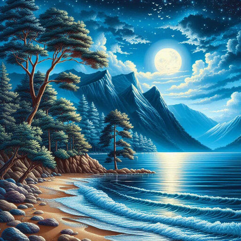 Image of Diamond painting of a seascape at night with moonlight.