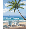 Diamond painting of a scenic beach view with two lounge chairs and a palm tree.