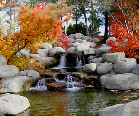 Image of Diamond Painting of a Serene Spring Landscape with a Waterfall and Colorful Trees