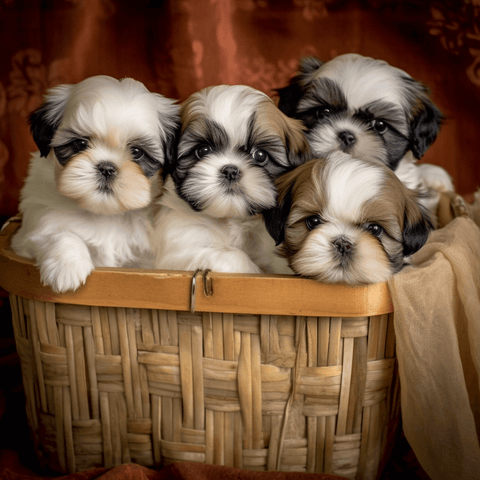 Image of Diamond Painting of Four Adorable Shih Tzu Puppies in a Basket