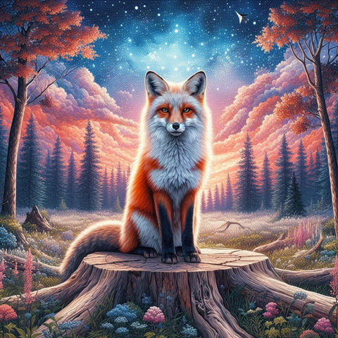 Image of Shy fox sitting on a tree stump in a forest clearing, surrounded by flowers and under a starry sky.