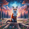 Shy fox sitting on a tree stump in a forest clearing, surrounded by flowers and under a starry sky.