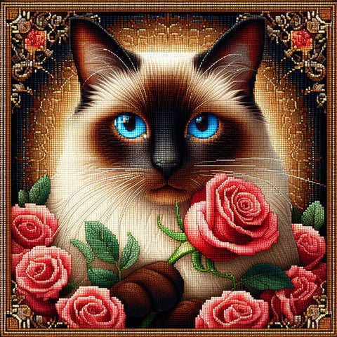 Image of Diamond painting of Siamese cat with roses