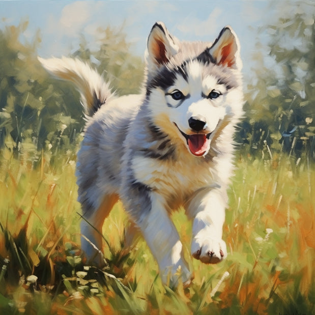 Diamond Painting of a Playful Siberian Husky Puppy Running in a Field