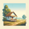 Diamond painting of a cozy thatched-roof rest house in a peaceful field.