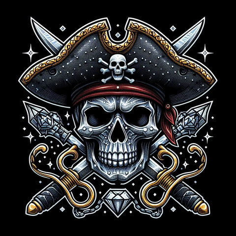 Image of Sparkling diamond art featuring a skull and crossed swords, a classic pirate symbol.