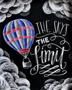 Image of Diamond painting of a hot air balloon floating in the sky with the inspirational quote "The sky's the limit" written in chalkboard style.