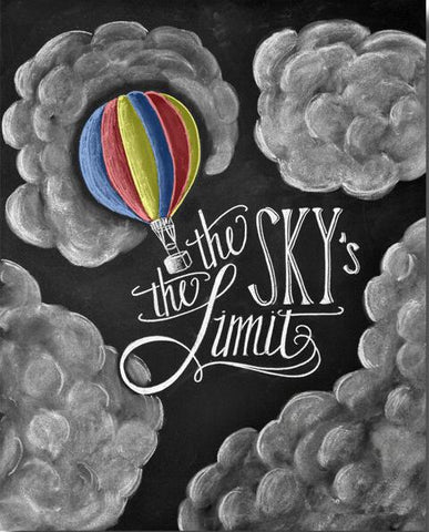 Image of Diamond painting of a hot air balloon floating in the sky with the inspirational quote "The sky's the limit" written in chalkboard style.