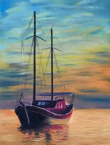 Image of Diamond painting of a small sailboat at sunset with a colorful sky