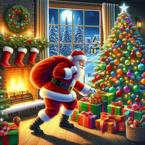 Image of Santa Claus sneaking towards Christmas tree