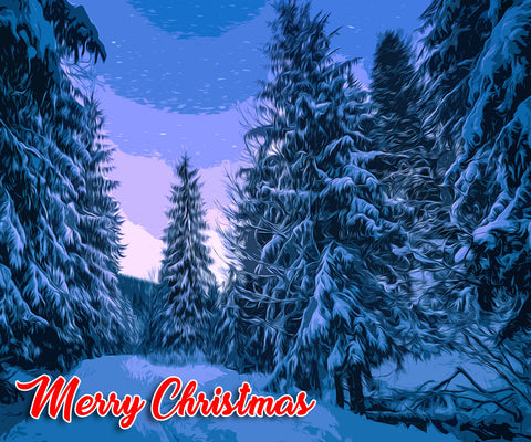 Image of Diamond Painting of Snow-Covered Pine Trees with a 'Merry Christmas' Greeting