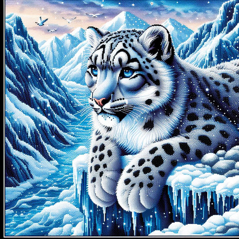 Image of stunning close-up of a snow leopard perched on a snowy cliff overlooking a breathtaking mountain range