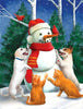 Diamond painting of a snowman surrounded by playful dogs and cats.