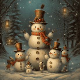 Diamond Painting of a Family of Snowmen Embracing in a Winter Forest