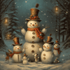 Diamond Painting of a Family of Snowmen Embracing in a Winter Forest