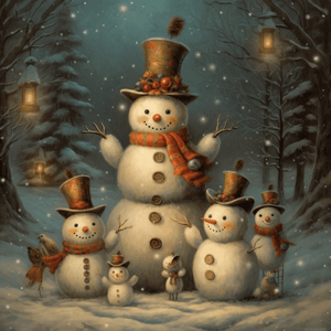 Diamond Painting of a Family of Snowmen Embracing in a Winter Forest