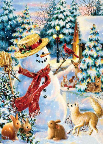 Image of Diamond Painting of a Friendly Snowman with Forest Animals in a Winter Scene