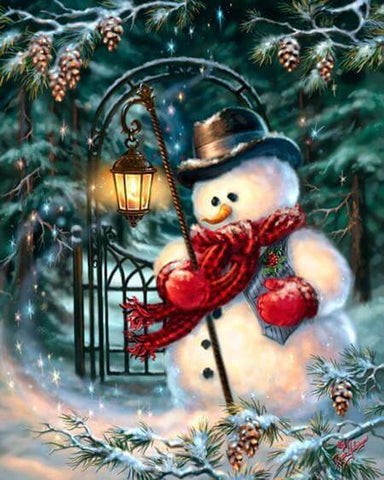 Image of Diamond Painting of a Snowman Holding a Lantern in a Winter Forest