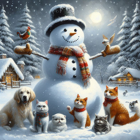 Image of Diamond Painting of a Snowman Surrounded by Cats and Dog