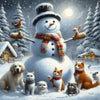 Diamond Painting of a Snowman Surrounded by Cats and Dog