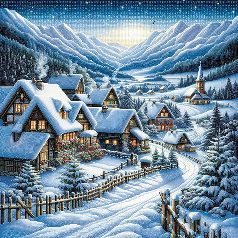 Image of peaceful winter scene of a snow-covered village with twinkling lights and a church