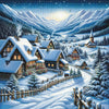 peaceful winter scene of a snow-covered village with twinkling lights and a church