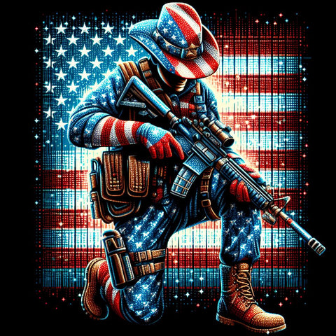 Image of Sparkling diamond art featuring a soldier saluting with a gun, set against the American flag.