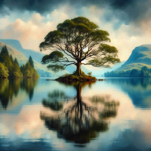 Image of serene diamond painting of a lone tree on a small island, reflected in a calm lake