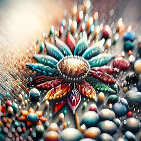 Image of Diamond painting of a colorful flower made with sparkling round beads.