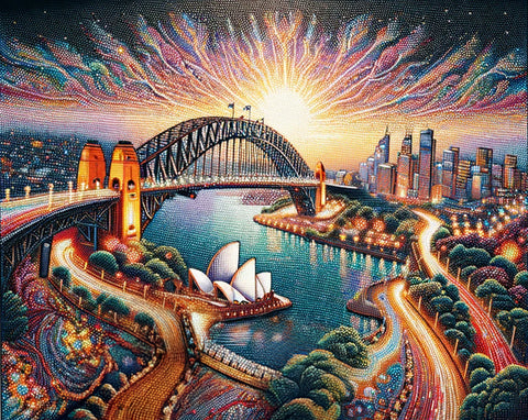 Image of Diamond painting of a colorful bridge illuminated at dusk, with twinkling lights reflecting on the water below.