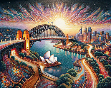 Diamond painting of a colorful bridge illuminated at dusk, with twinkling lights reflecting on the water below.