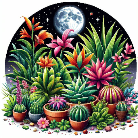 Image of Diamond painting of a desert scene with blooming cacti, colorful flowers, and a luminous moon.