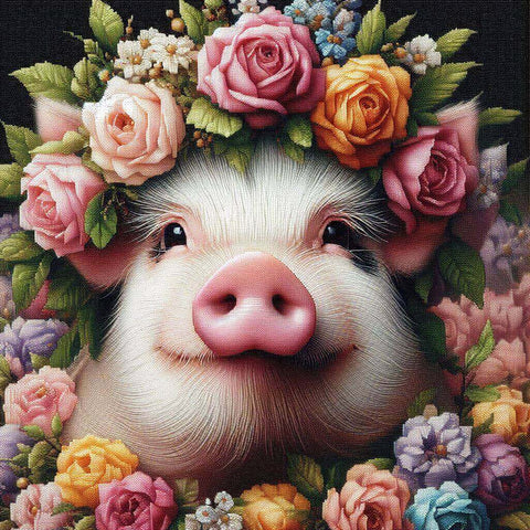 Image of Sparkling diamond art featuring an adorable piglet adorned with a beautiful floral headpiece.