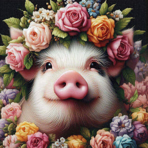 Sparkling diamond art featuring an adorable piglet adorned with a beautiful floral headpiece.