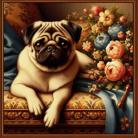 Image of Diamond painting depicting a playful pug puppy with big, pleading eyes, hoping for a treat.