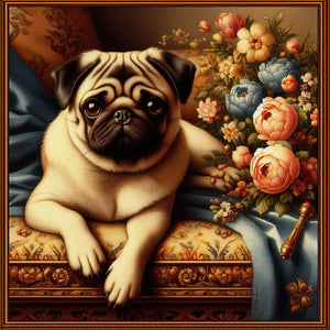 Diamond painting depicting a playful pug puppy with big, pleading eyes, hoping for a treat.